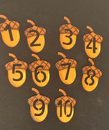 UV Printed Acorn Numbers an ideal Numeracy aid especially when used with Autumn or Nature play