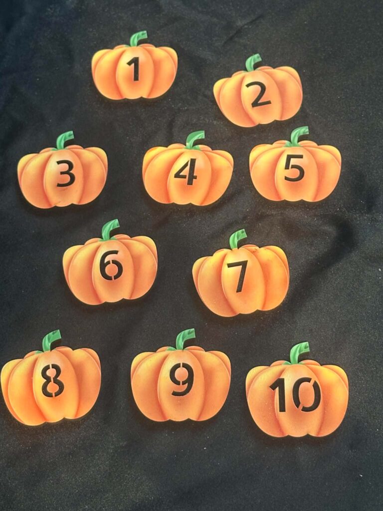 UV Printed Pumpkin Numbers an ideal Numeracy aid especially when used with Autumn or Nature play